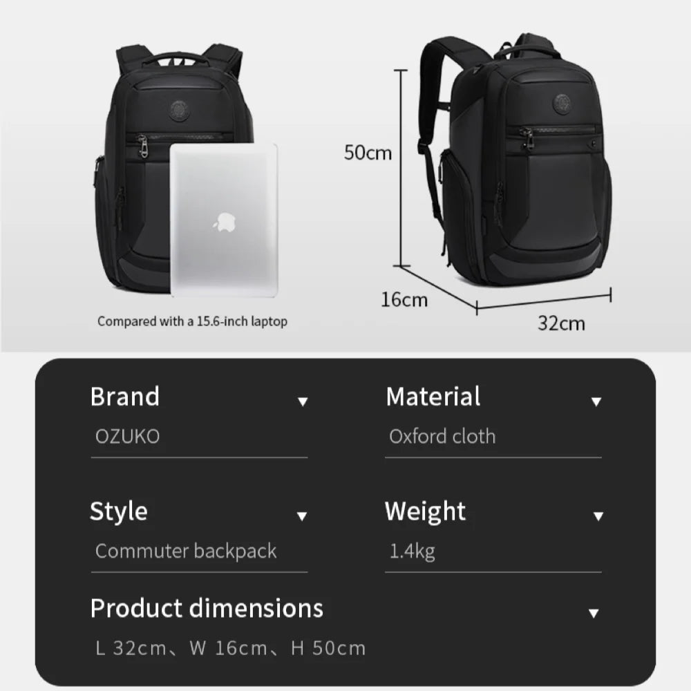 Ozuko 9919 Commute Backpack for Men - Waterproof Laptop Bag with Trolley Strap, Fits 15.6 Inch Notebook, Business Travel Daypack