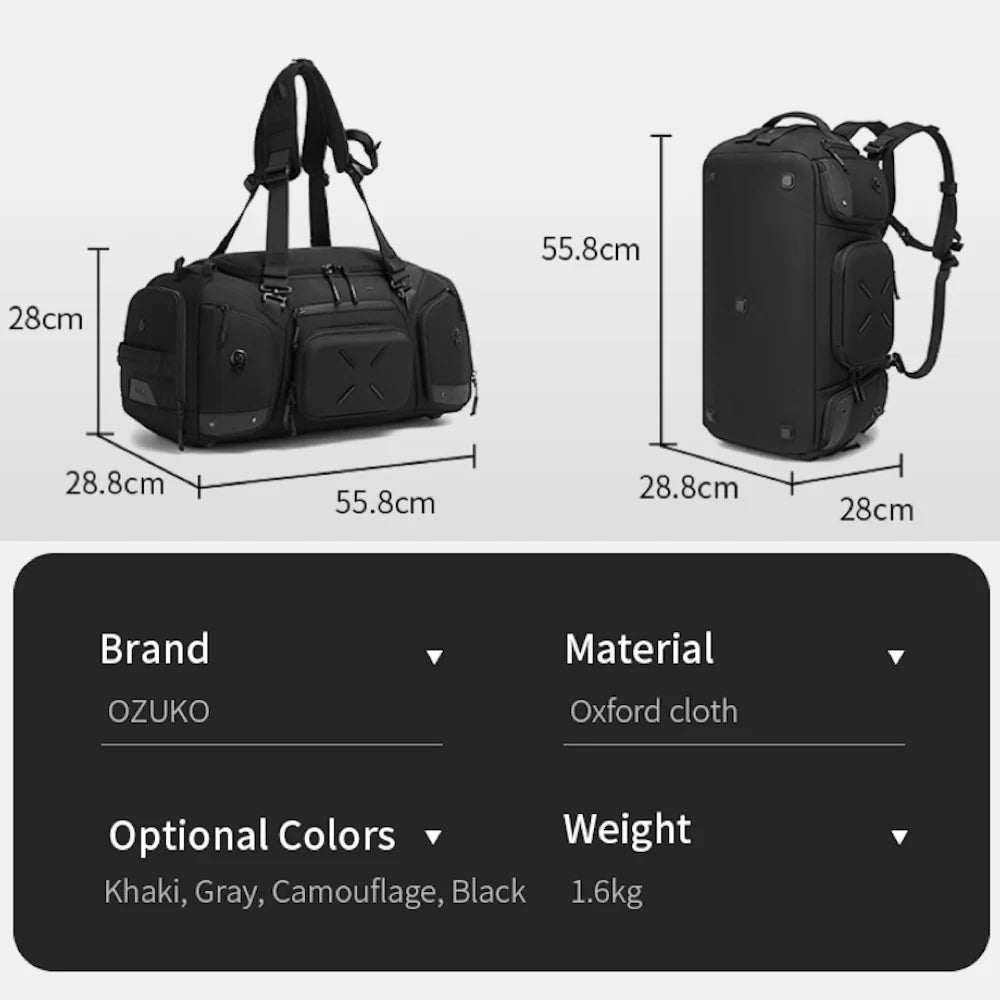 OZUKO 9834 Stylish Outdoor Duffle Bag for Men, 46L Waterproof Sport Travel Backpack with Multiple Pockets, Shoe Storage