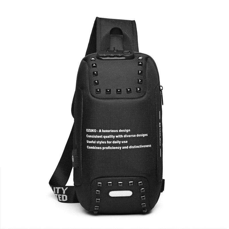 OZUKO Fashion Men Rivet Crossbody Bags Anti-theft Messenger Bag USB Charging Chest Pack Short Trip Water Repellent Shoulder Bag - OZUKO.CN